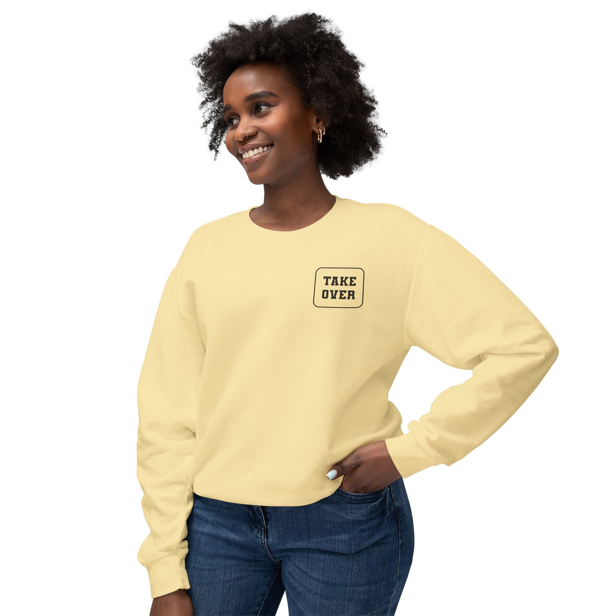 Butter sweatshirt with Take Over chest logo on the front and cities list on the back  