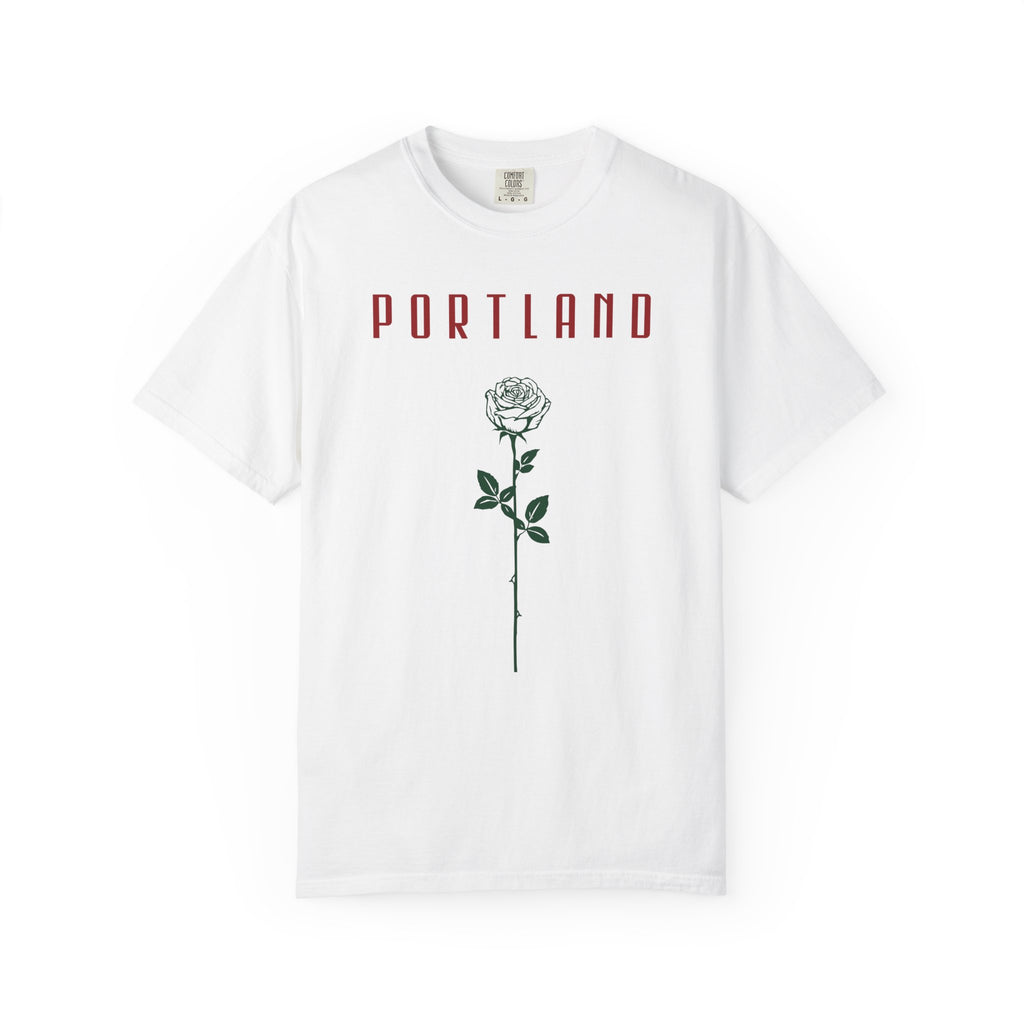 White short-sleeve t-shirt with vintage Portland rose graphic print