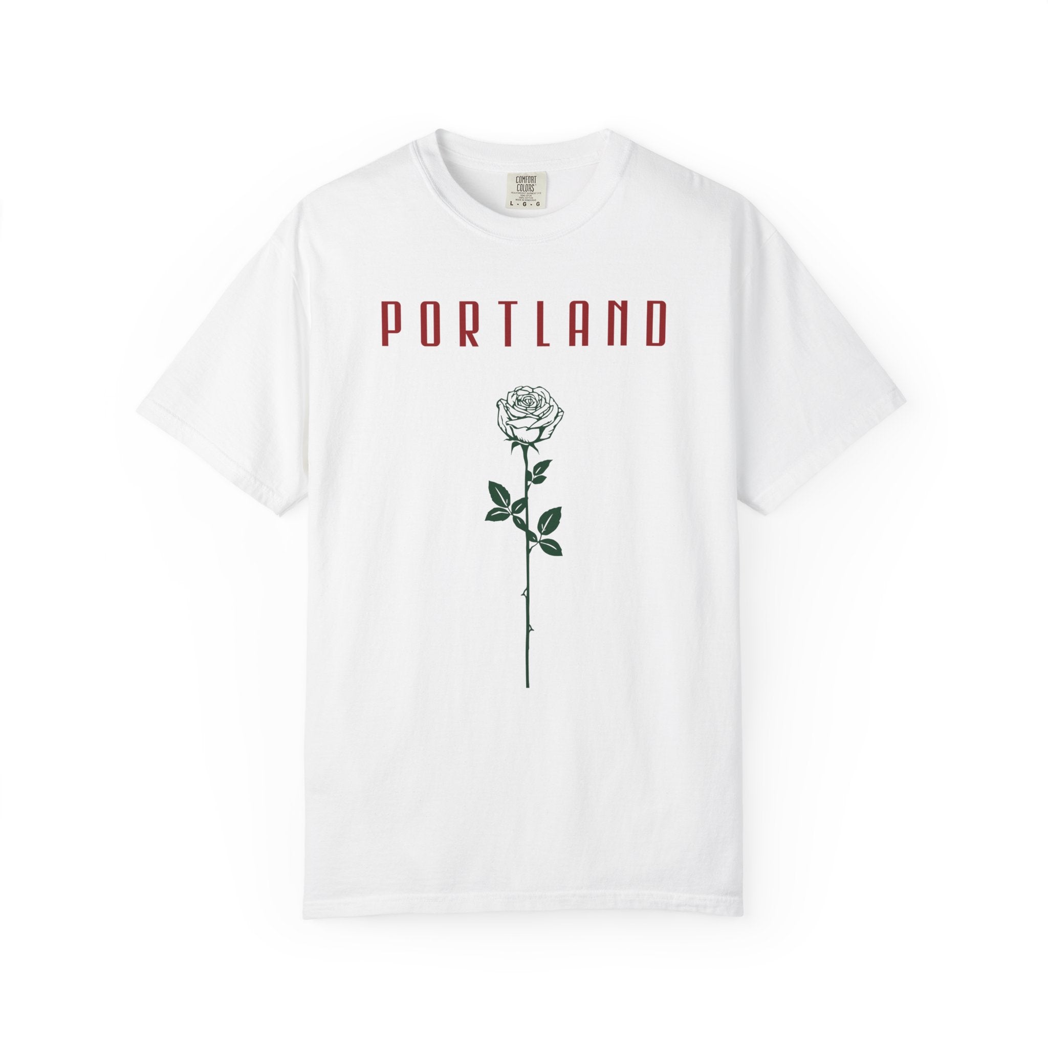 White short-sleeve t-shirt with vintage Portland rose graphic print