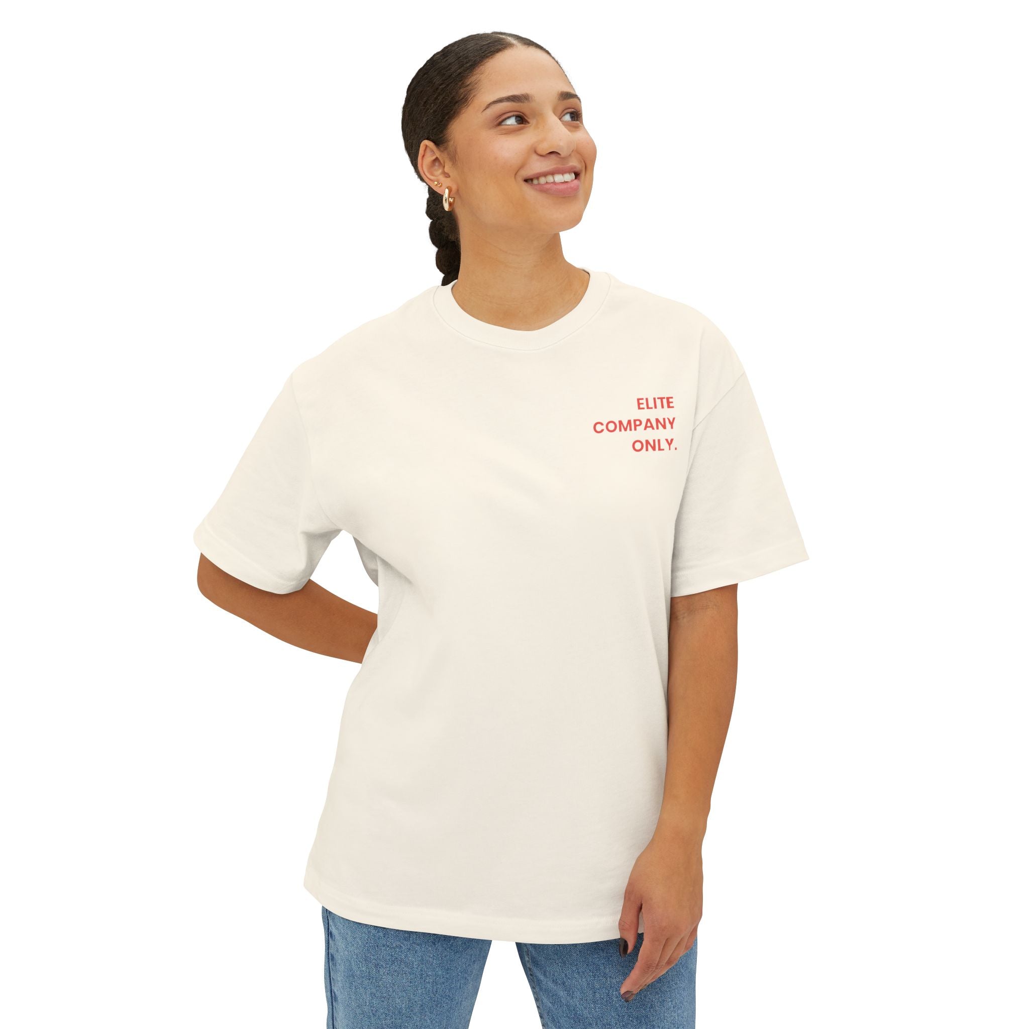 Natural colored 'Elite Company Only' boxy t-shirt featuring a 50 Goals Club graphic print on the back