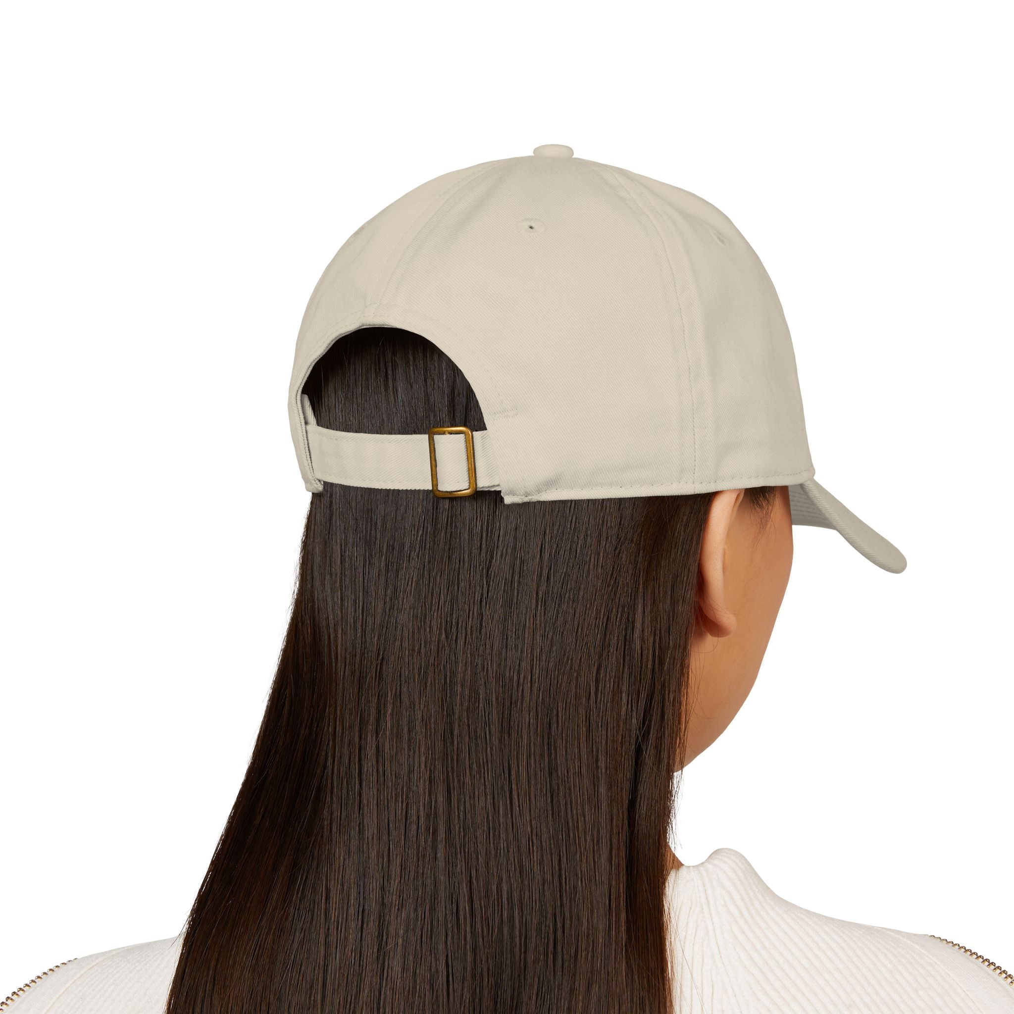 Oyster unstructured beige baseball cap with three embroidered coffee beans across the front