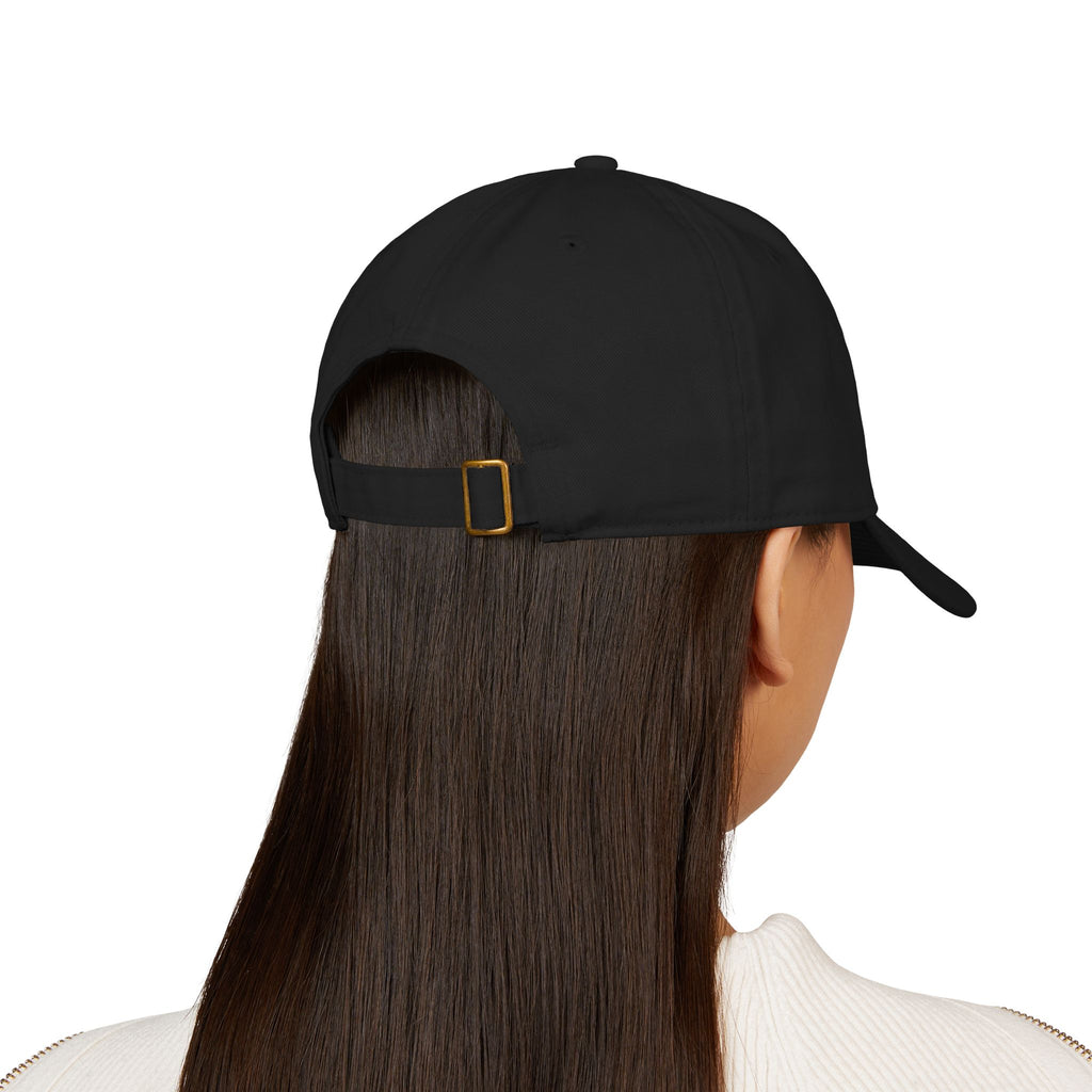 Black unstructured beige baseball cap with three embroidered coffee beans across the front