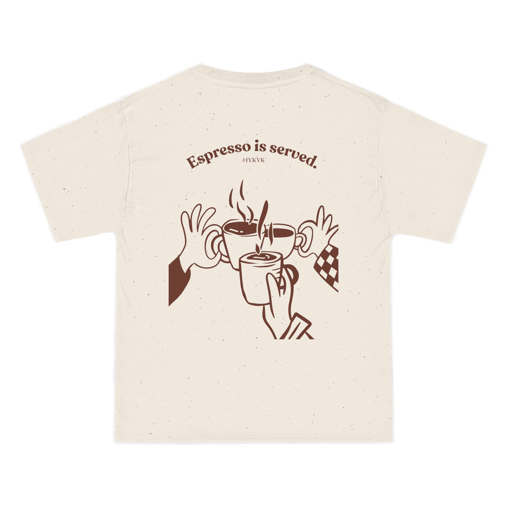 Natural W-League t-shirt featuring a front pocket W logo and back Espresso is served graphic with three clinking coffee mugs