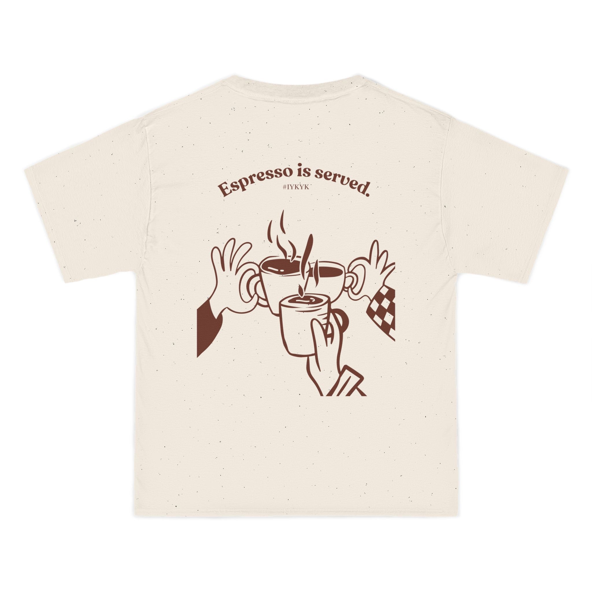 Natural W-League t-shirt featuring a front pocket W logo and back Espresso is served graphic with three clinking coffee mugs
