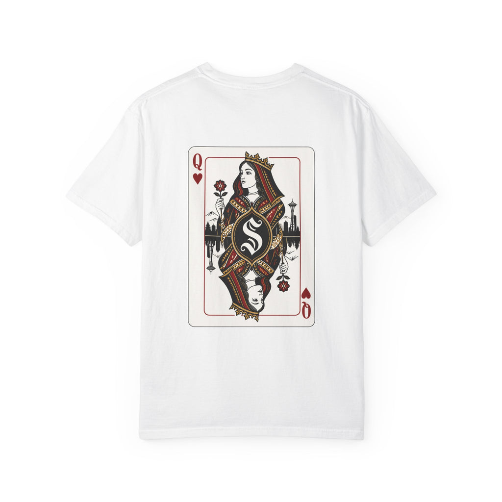 White heavyweight garment-dyed t-shirt back view featuring a large custom Queen of Hearts playing card graphic with a Seattle skyline silhouette.