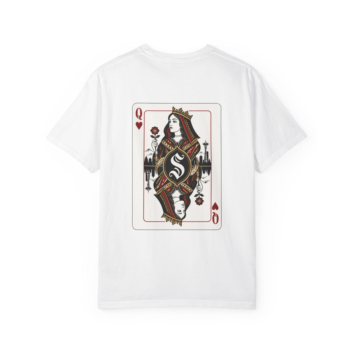 White heavyweight garment-dyed t-shirt back view featuring a large custom Queen of Hearts playing card graphic with a Seattle skyline silhouette.