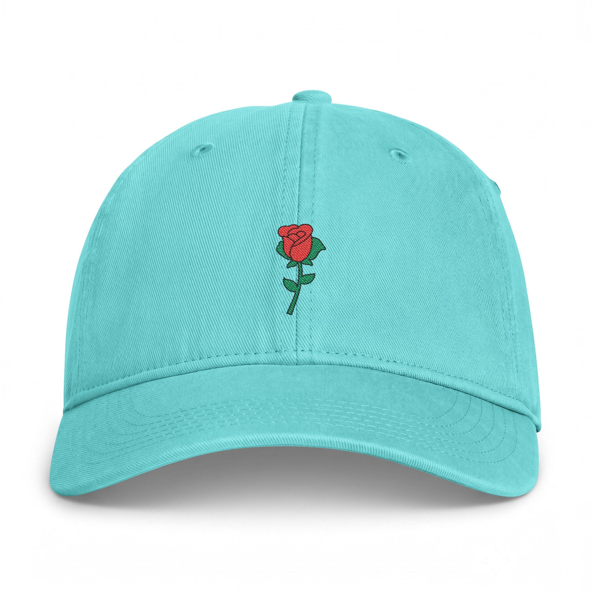 Chalky Mint Nutmeg Duchess rose graphic dad hat featuring a vintage style embroidered red rose motif and classic fit