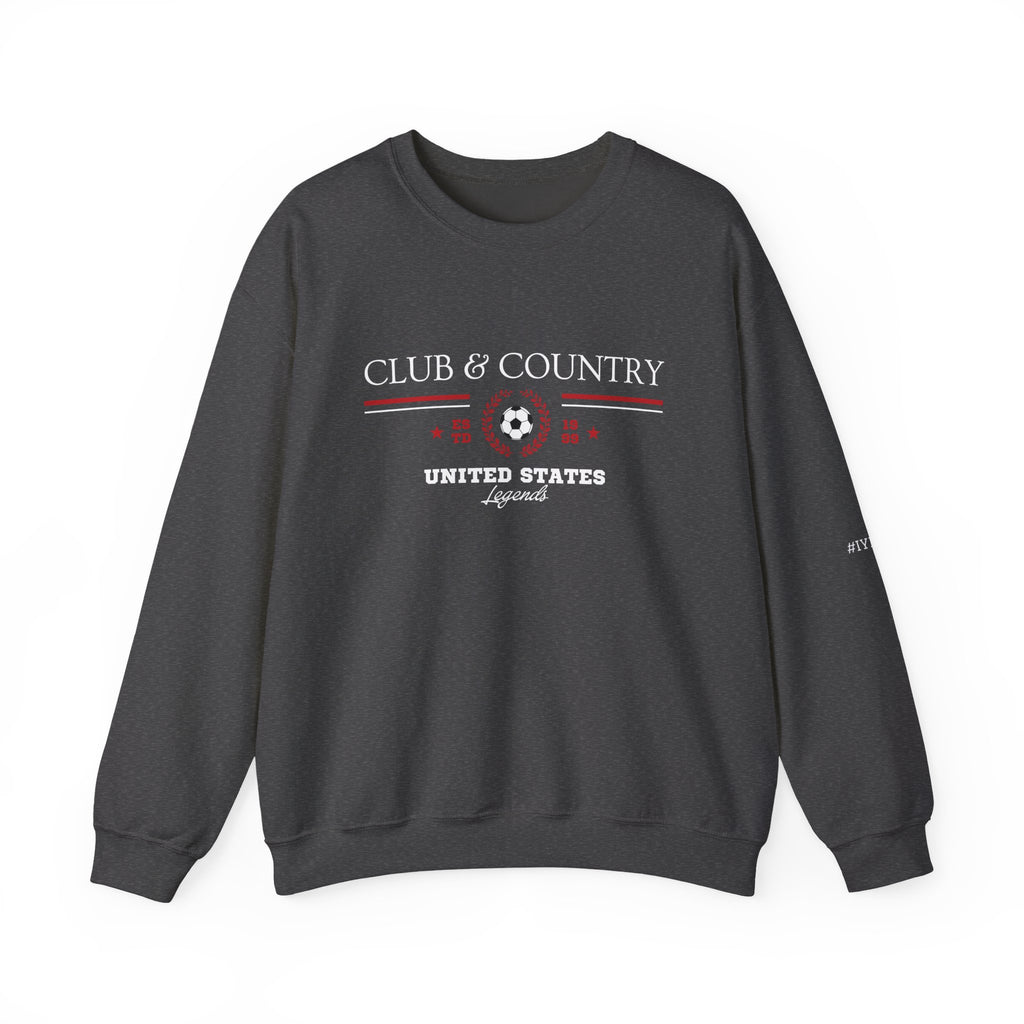 Dark Heather Club & Country oversized crewneck pullover, 90s style preppy soccer apparel