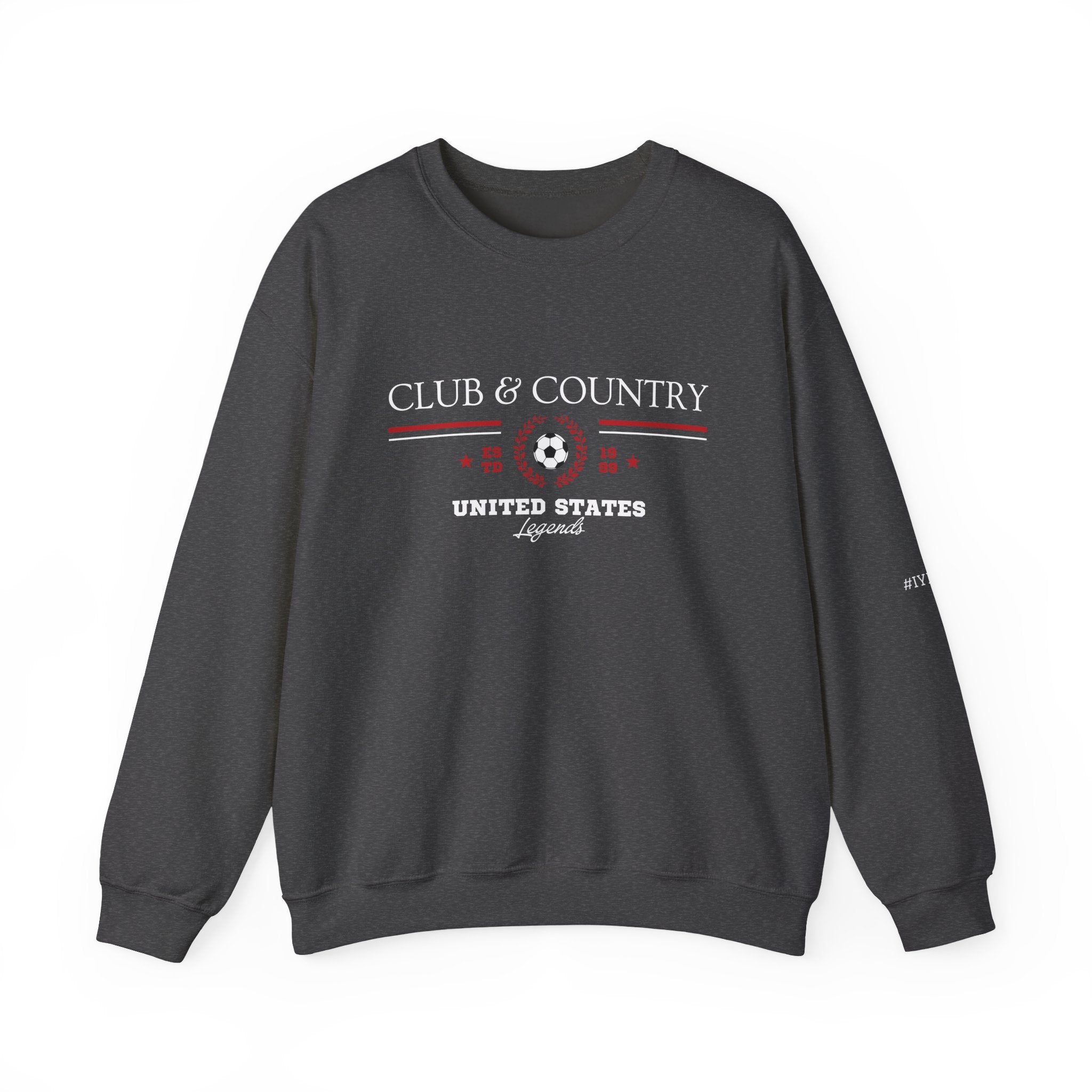 Dark Heather Club & Country oversized crewneck pullover, 90s style preppy soccer apparel