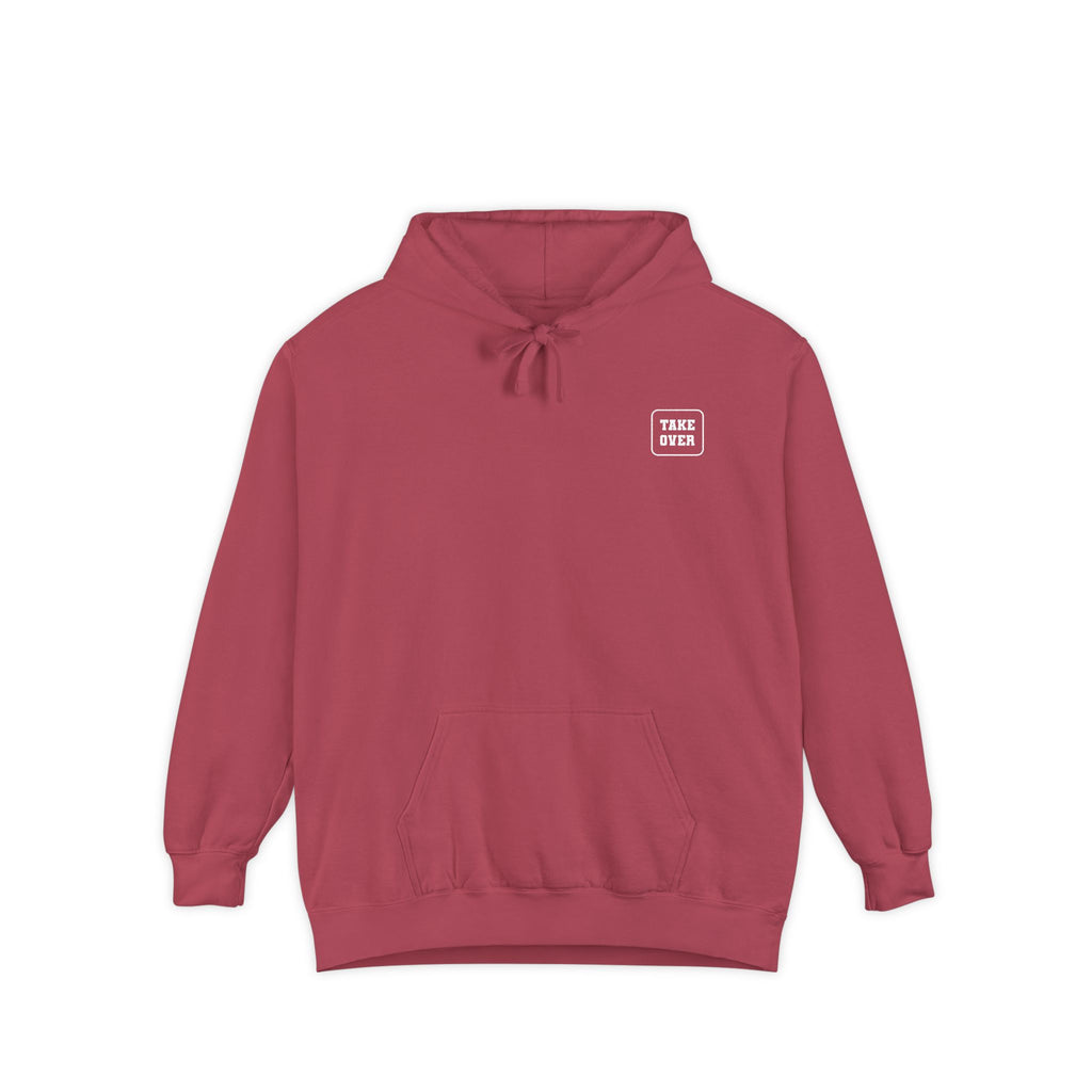 Crimson hoodie with chest logo on the front and list of cities on the back