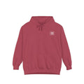 Crimson hoodie with chest logo on the front and list of cities on the back