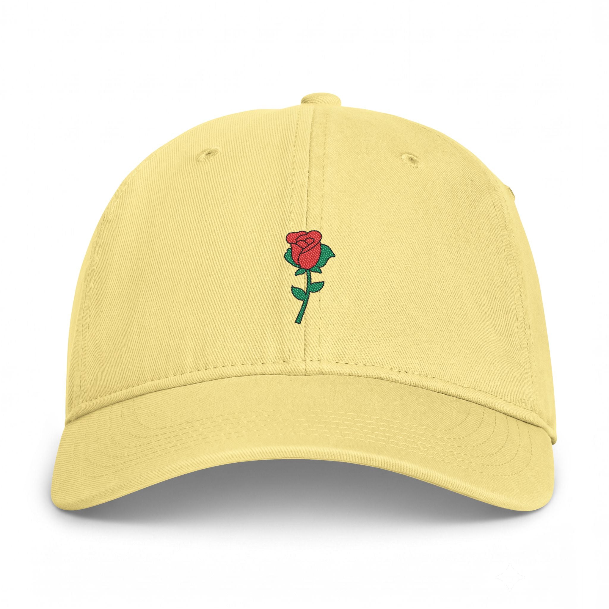 Butter Nutmeg Duchess rose graphic dad hat featuring a vintage style embroidered red rose motif and classic fit