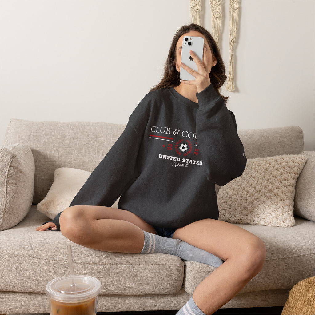 Dark Heather Club & Country oversized crewneck pullover, 90s style preppy soccer apparel
