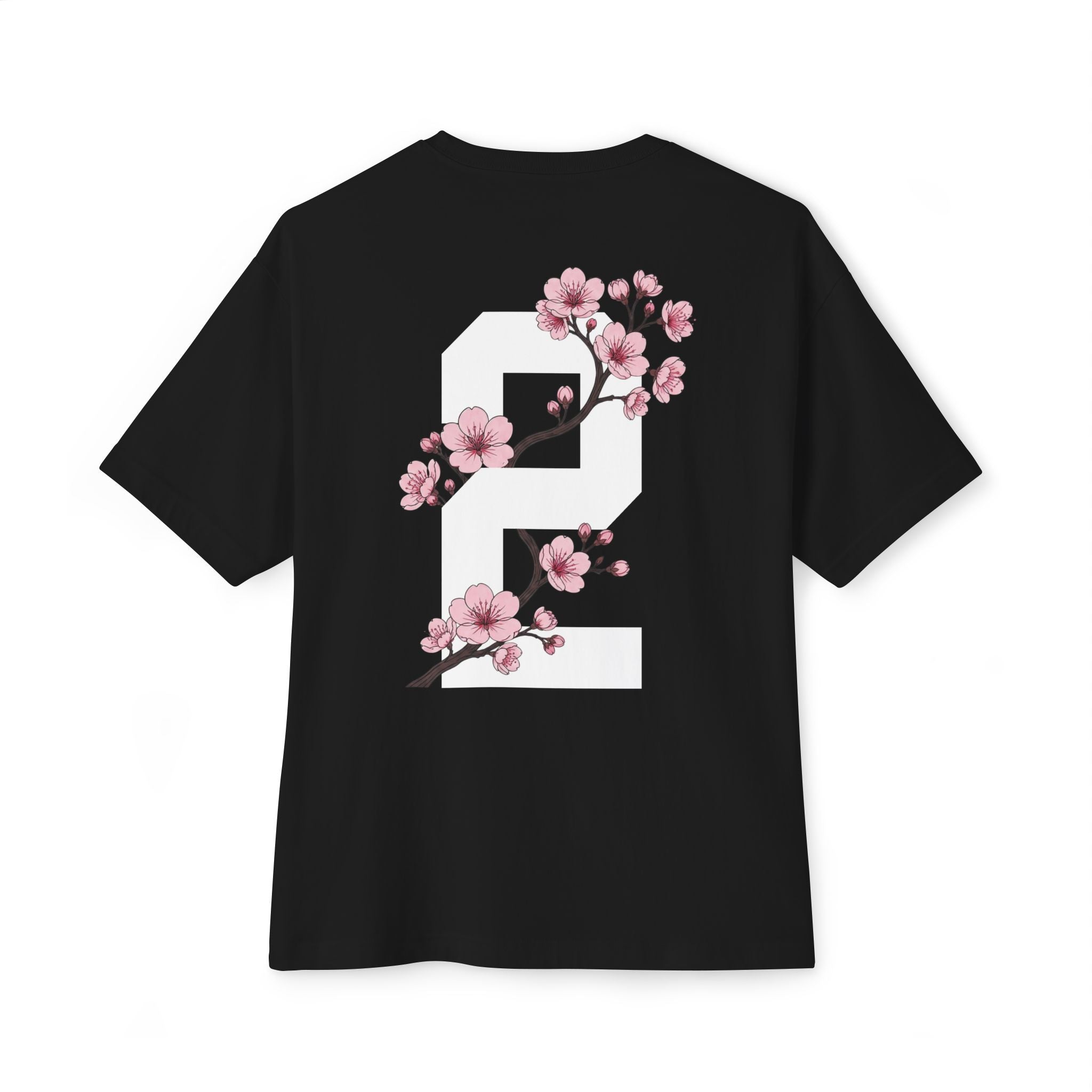Black heavyweight boxy t-shirt back view featuring a large number 2 graphic decorated with cherry blossom flowers.
