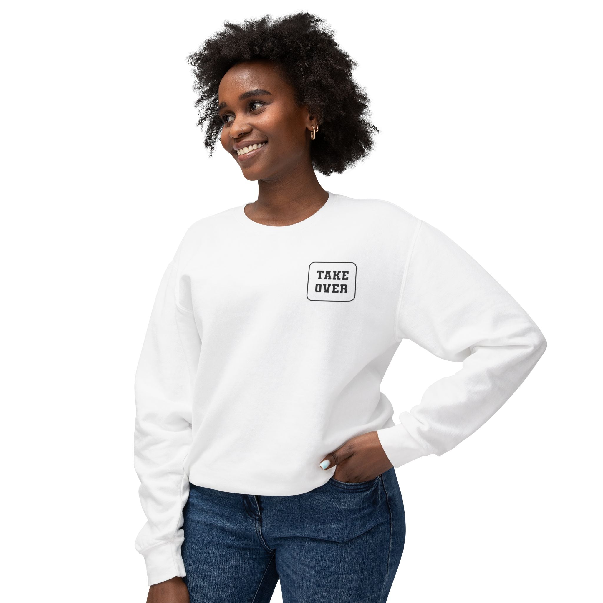 White sweatshirt with Take Over chest logo on the front and cities list on the back