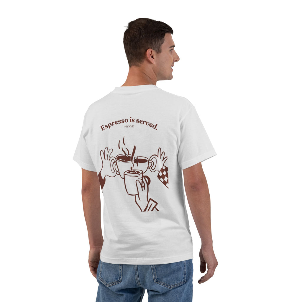 Ash W-League t-shirt featuring a front pocket W logo and back Espresso is served graphic with three clinking coffee mugs