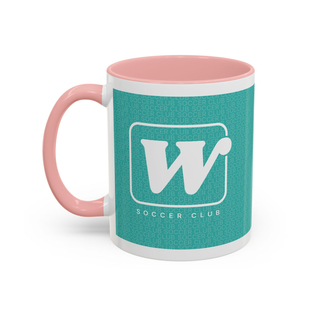 Pink W Soccer Club ceramic accent mug, with a teal wraparound soccer club design and the bold 'W' logo 