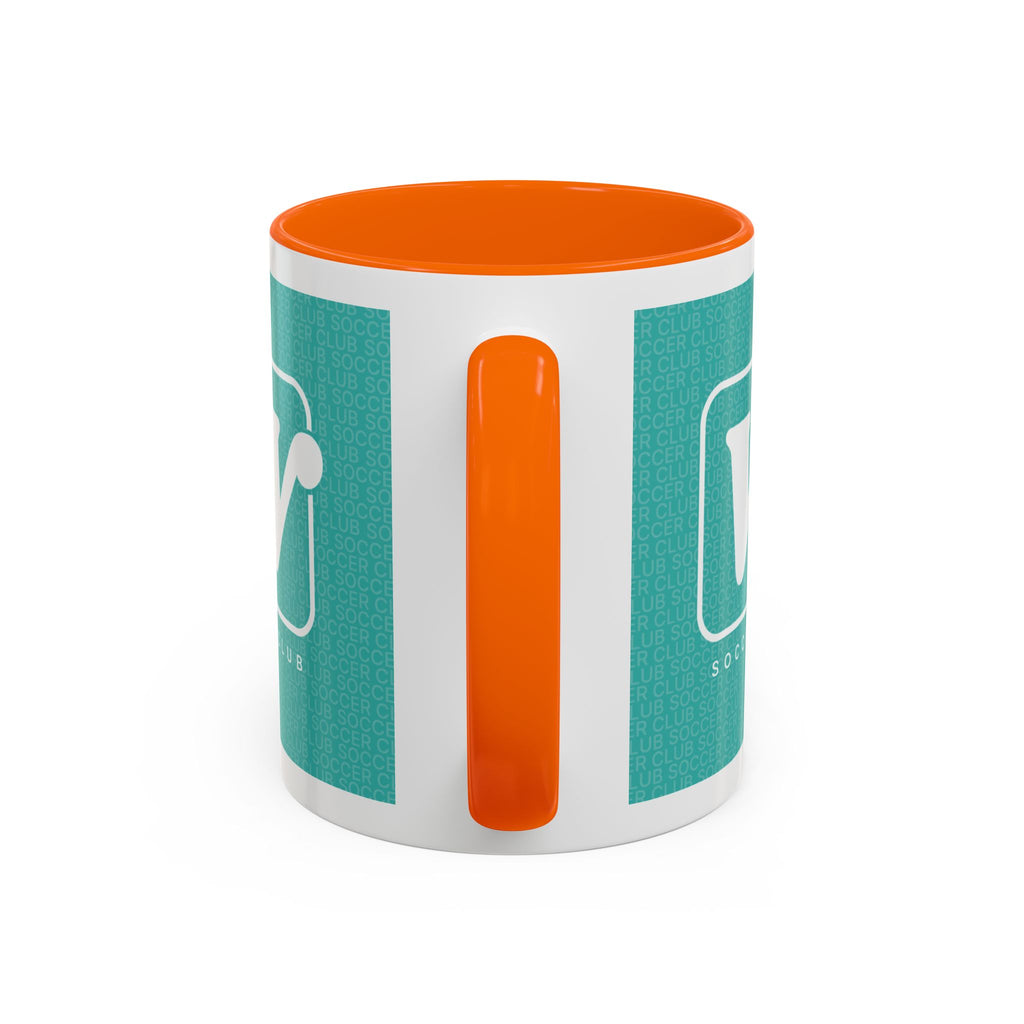 Orange W Soccer Club ceramic accent mug, with a teal wraparound soccer club design and the bold 'W' logo 