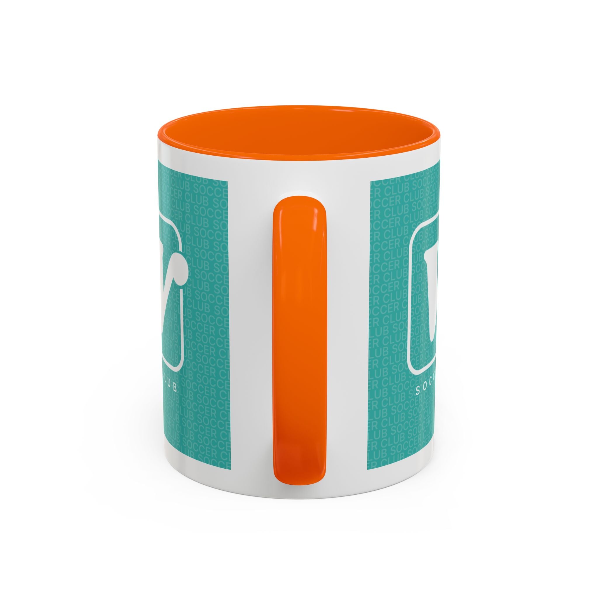 Orange W Soccer Club ceramic accent mug, with a teal wraparound soccer club design and the bold 'W' logo 