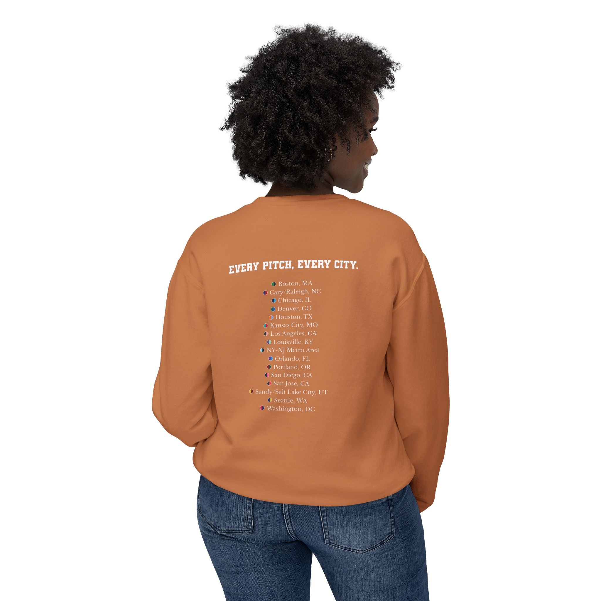 Yam sweatshirt with Take Over chest logo on the front and cities list on the back