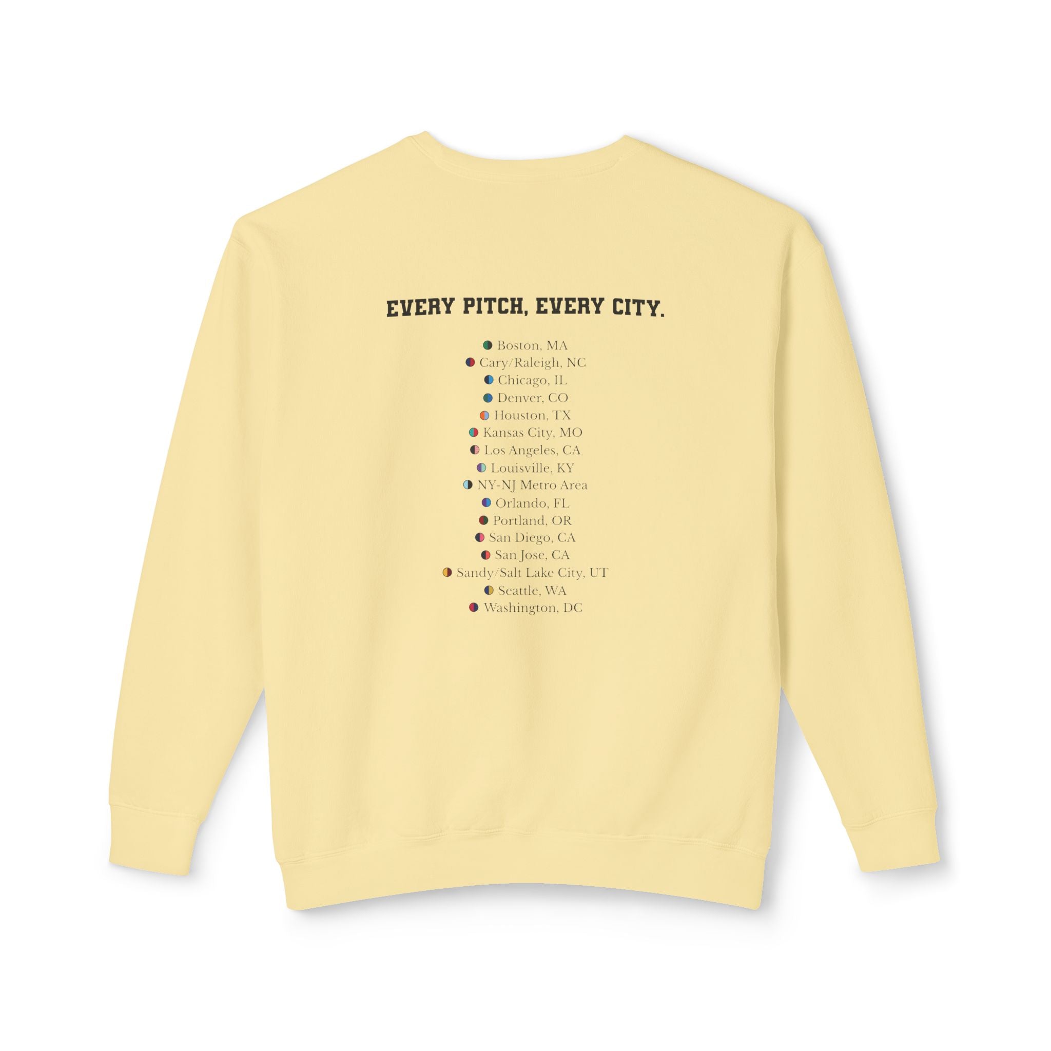 Butter sweatshirt with Take Over chest logo on the front and cities list on the back 