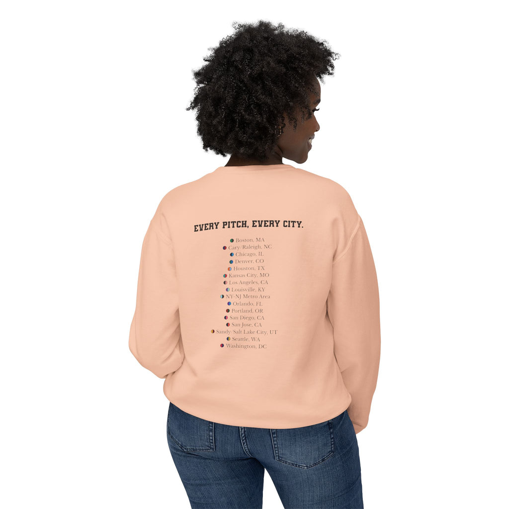 Peachy sweatshirt with Take Over chest logo on the front and cities list on the back