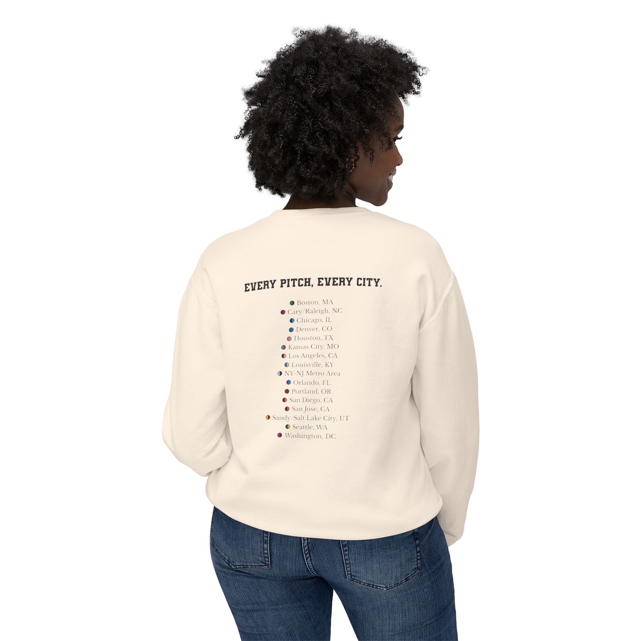 Ivory sweatshirt with Take Over chest logo on the front and cities list on the back
