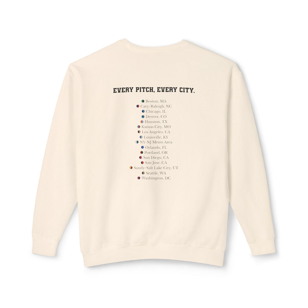 Ivory sweatshirt with Take Over chest logo on the front and cities list on the back