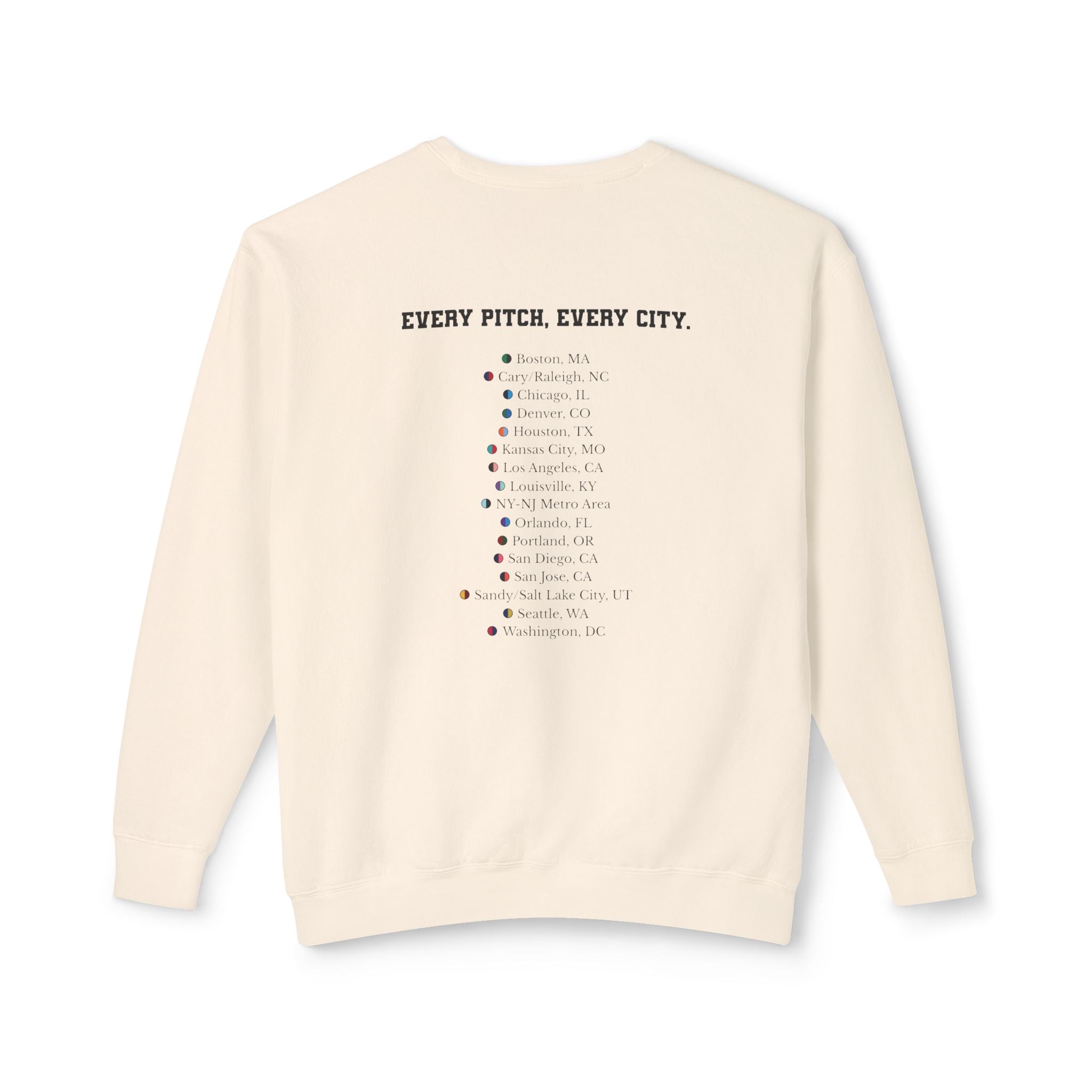 Ivory sweatshirt with Take Over chest logo on the front and cities list on the back