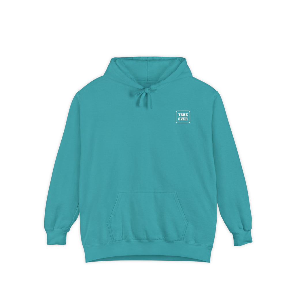 Seafoam hoodie with chest logo on the front and list of cities on the back