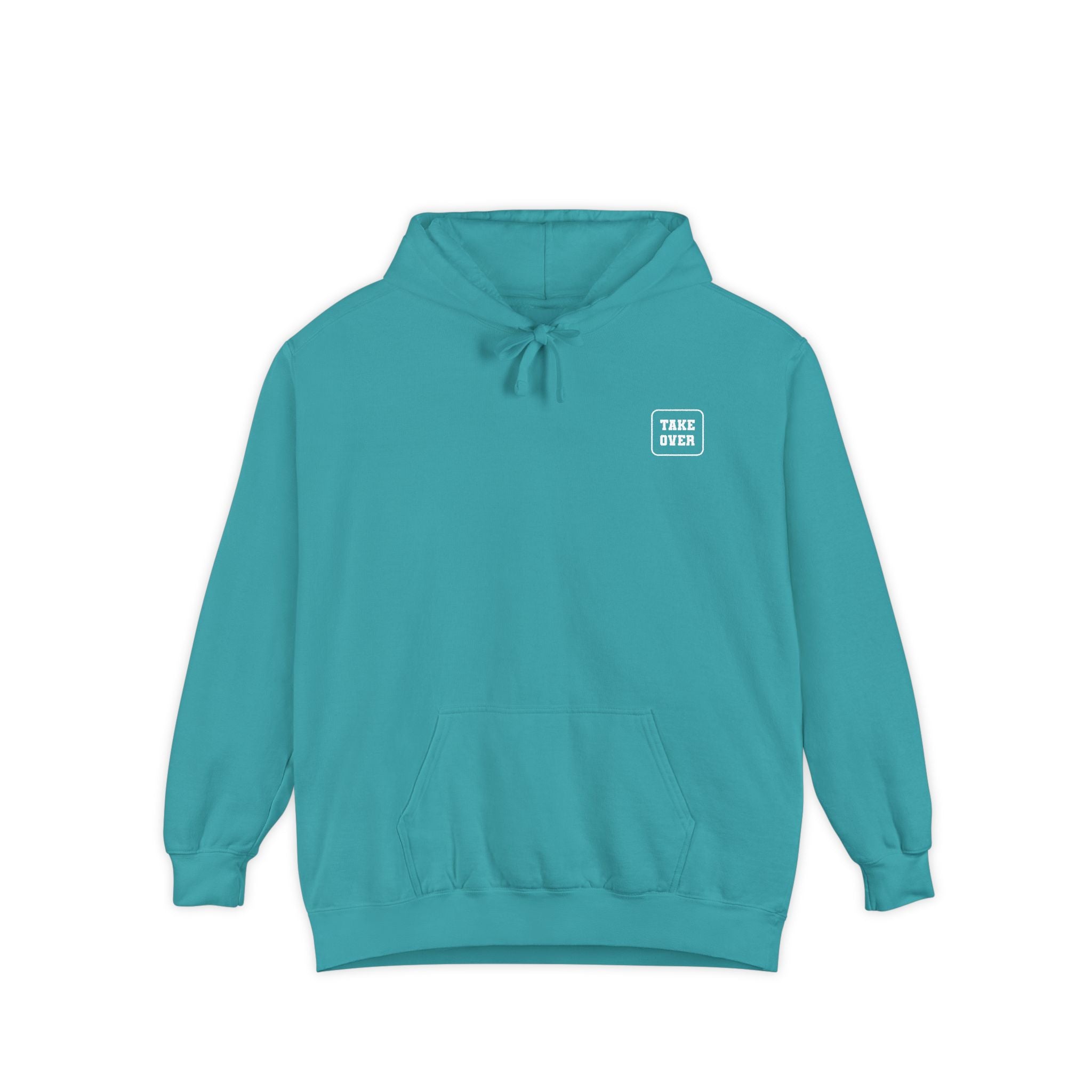 Seafoam hoodie with chest logo on the front and list of cities on the back