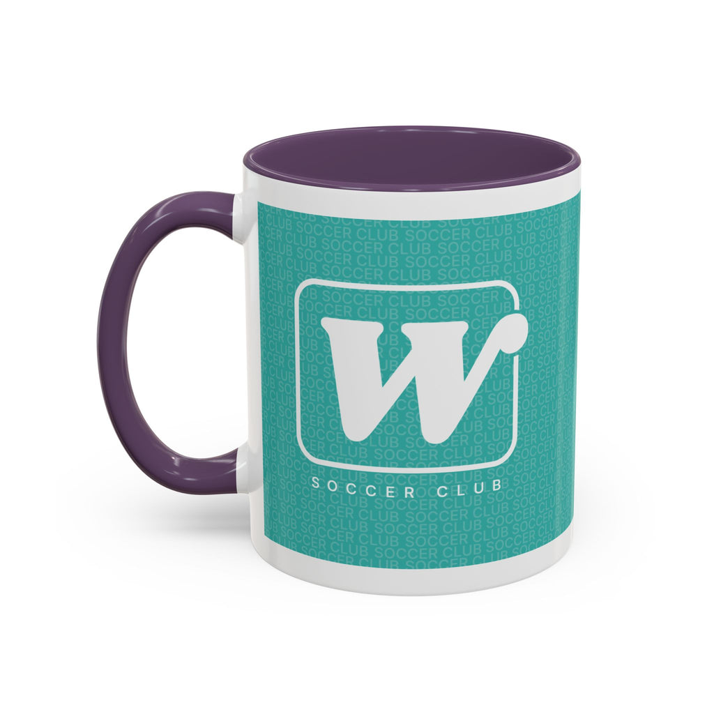 Purple W Soccer Club ceramic accent mug, with a teal wraparound soccer club design and the bold 'W' logo 