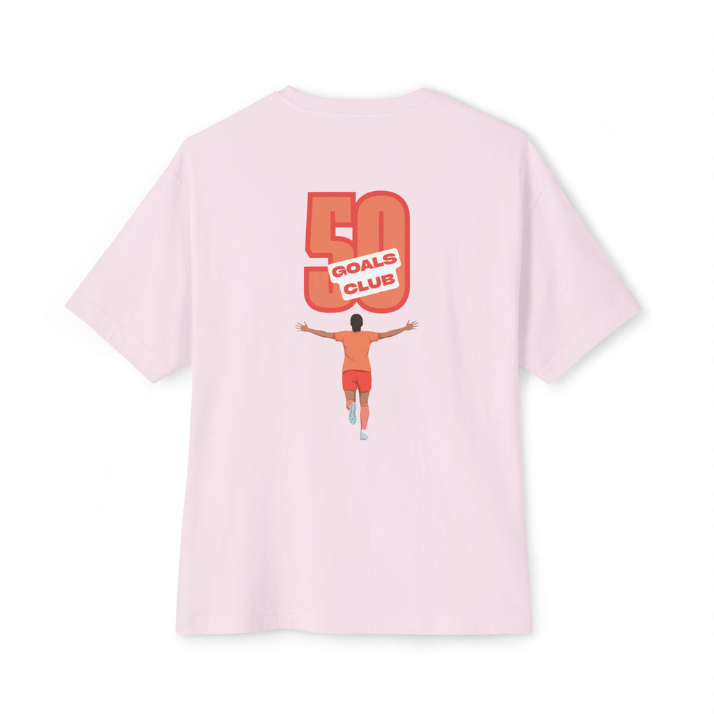 Soft Pink 'Elite Company Only' boxy t-shirt featuring a 50 Goals Club graphic print on the back
