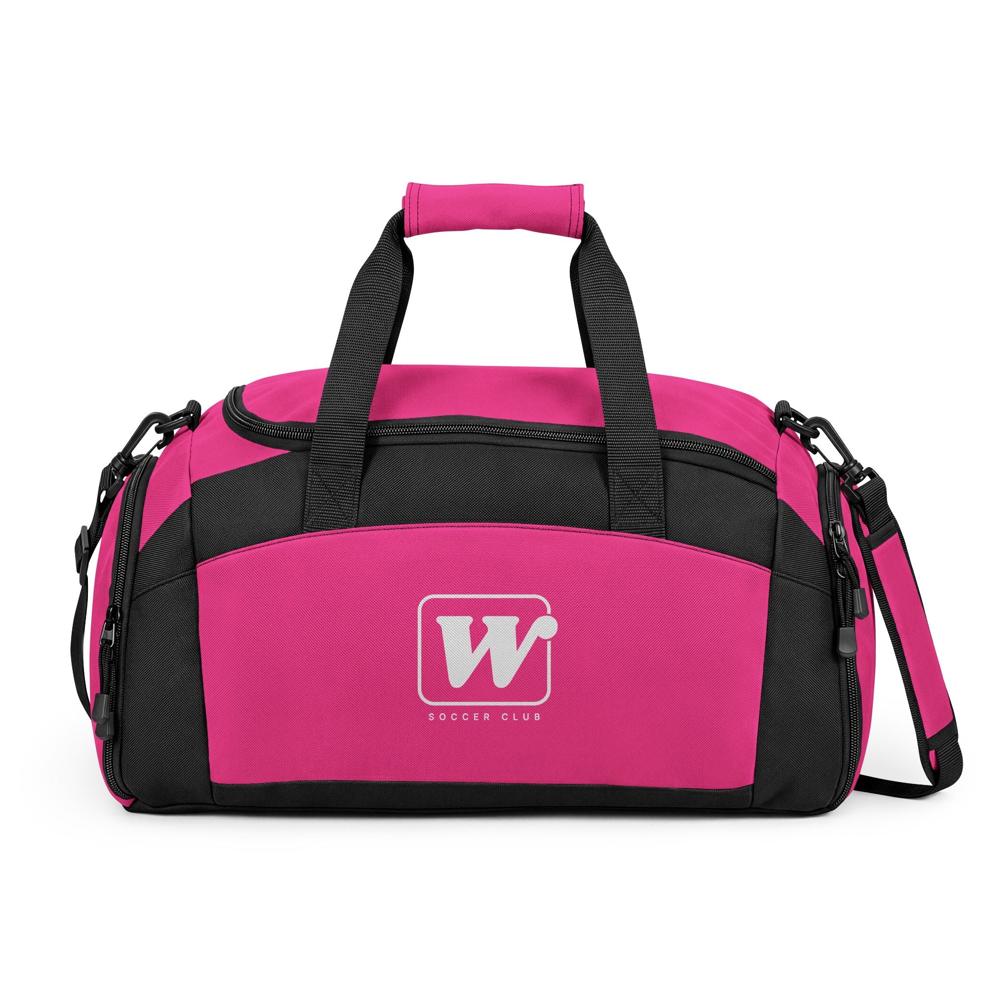Tropical Pink WSC branded athletic duffle bag featuring a large white logo print, separate ventilated shoe compartment, and water-resistant fabric