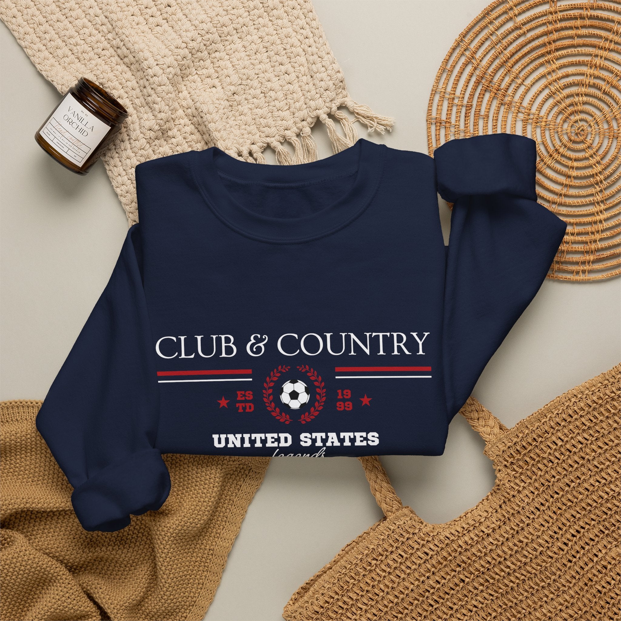 Navy blue Club & Country oversized crewneck pullover, 90s style preppy soccer apparel