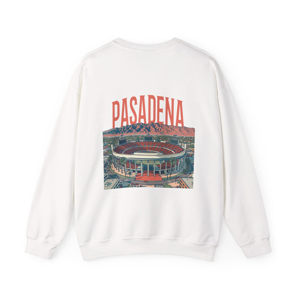 White crewneck sweatshirt shown from the back, featuring a graphic print of a stadium with the word 'Pasadena' above it.