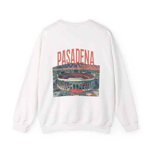 White crewneck sweatshirt shown from the back, featuring a graphic print of a stadium with the word 'Pasadena' above it.