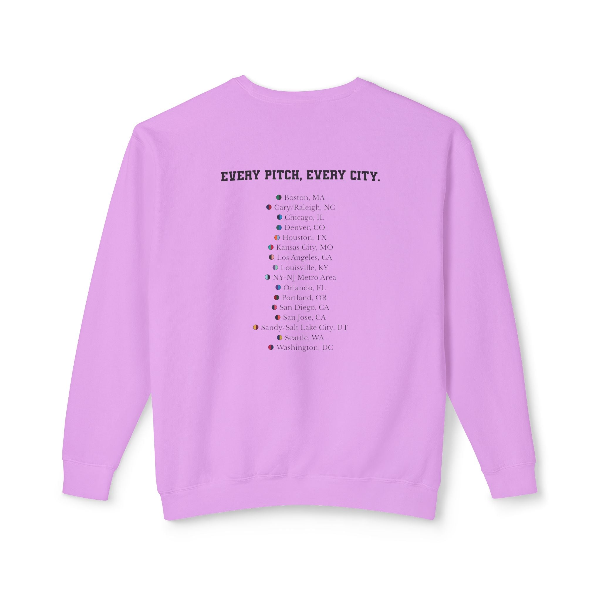 Neon Violet sweatshirt with Take Over chest logo on the front and cities list on the back 