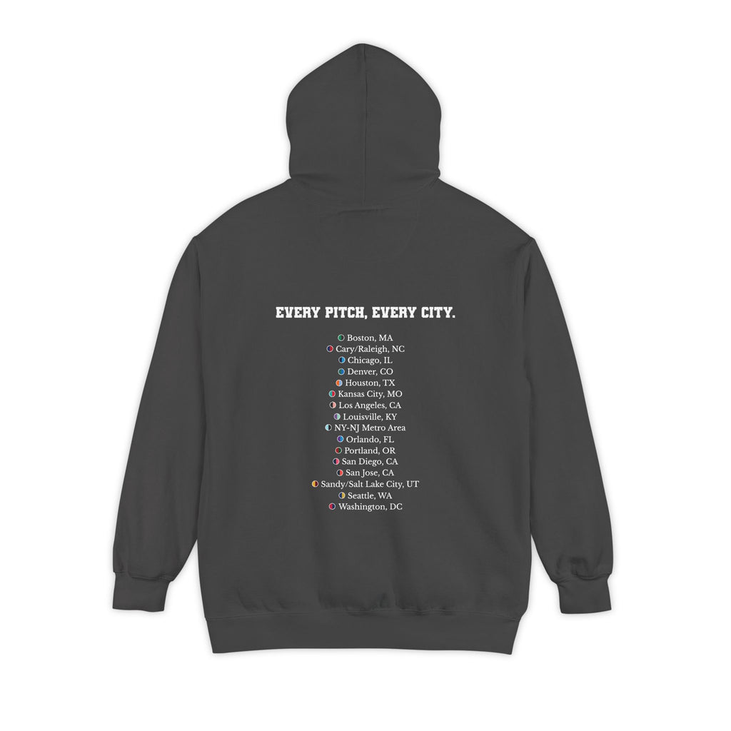 Pepper hoodie with chest logo on the front and list of cities on the back