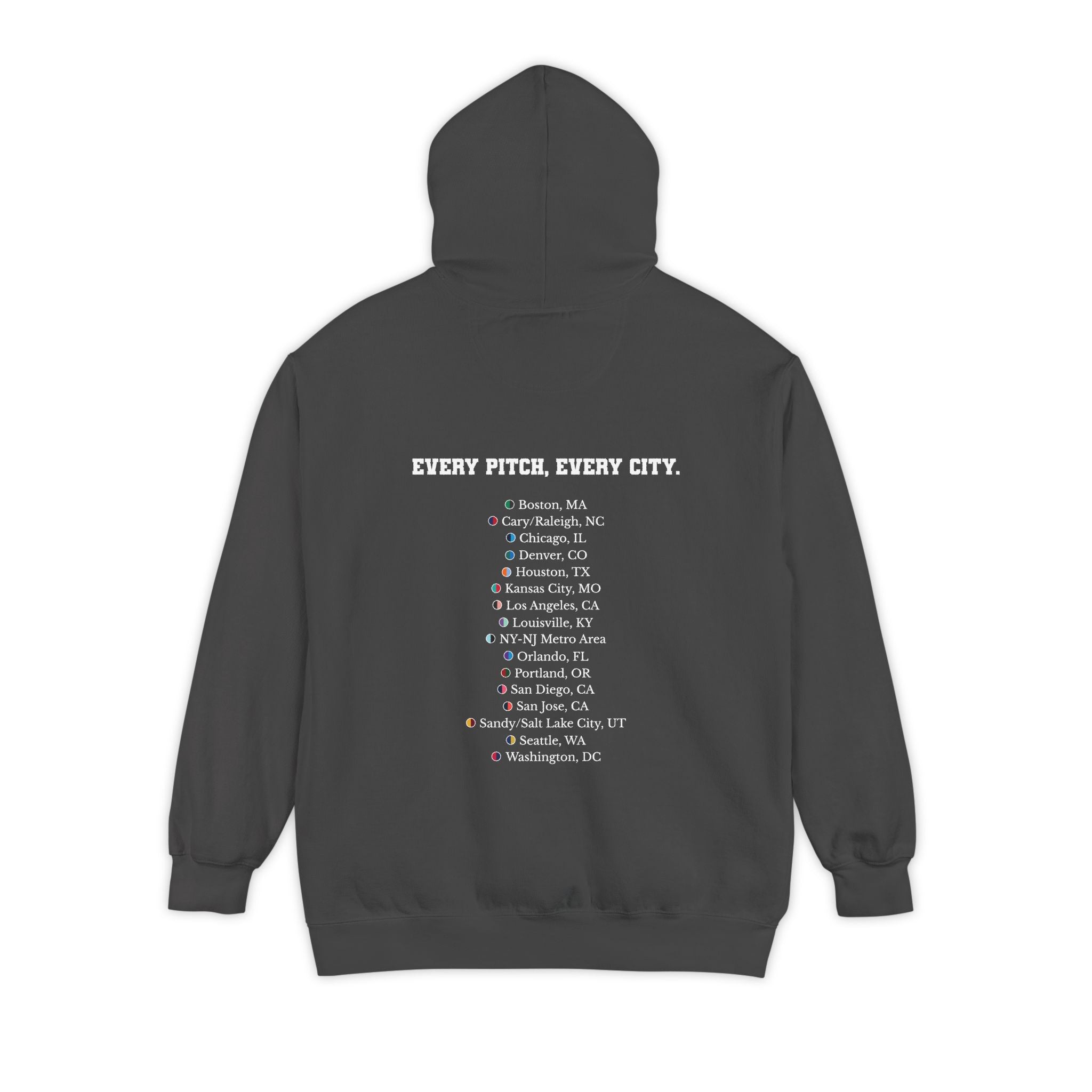 Pepper hoodie with chest logo on the front and list of cities on the back
