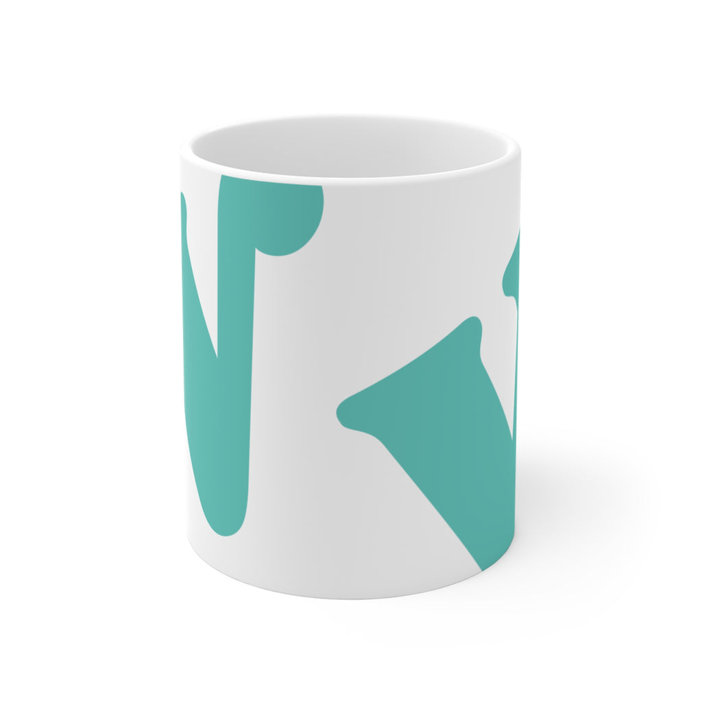 White ceramic coffee mug with teal W soccer club logo printed on the side from the WSC collection
