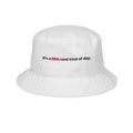 White embroidered soccer fan bucket hat featuring the text It's a red card kind of day in high-contrast typography