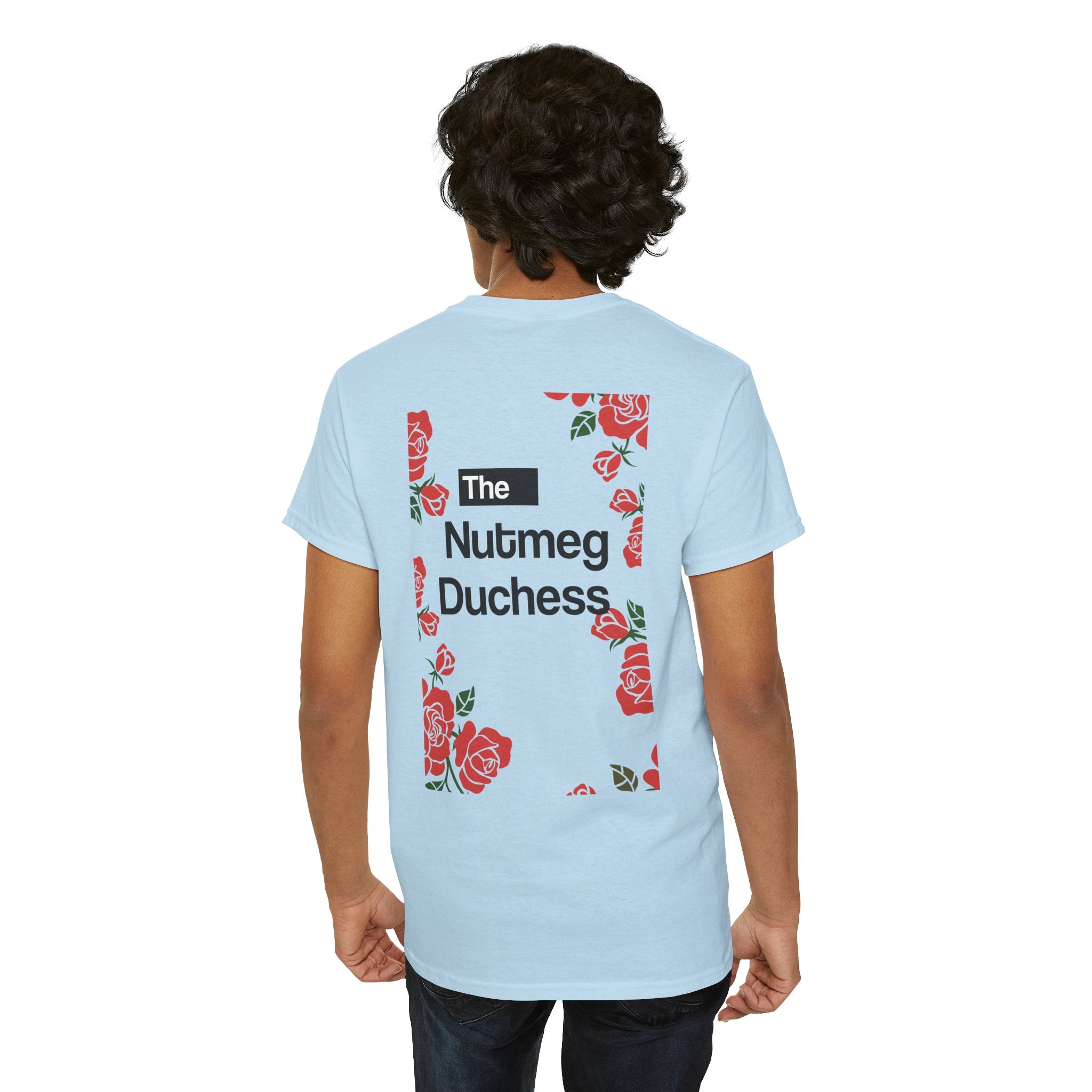 Light Blue Nutmeg Duchess t-shirt with a framed red rose graphic and vintage soccer street style typography