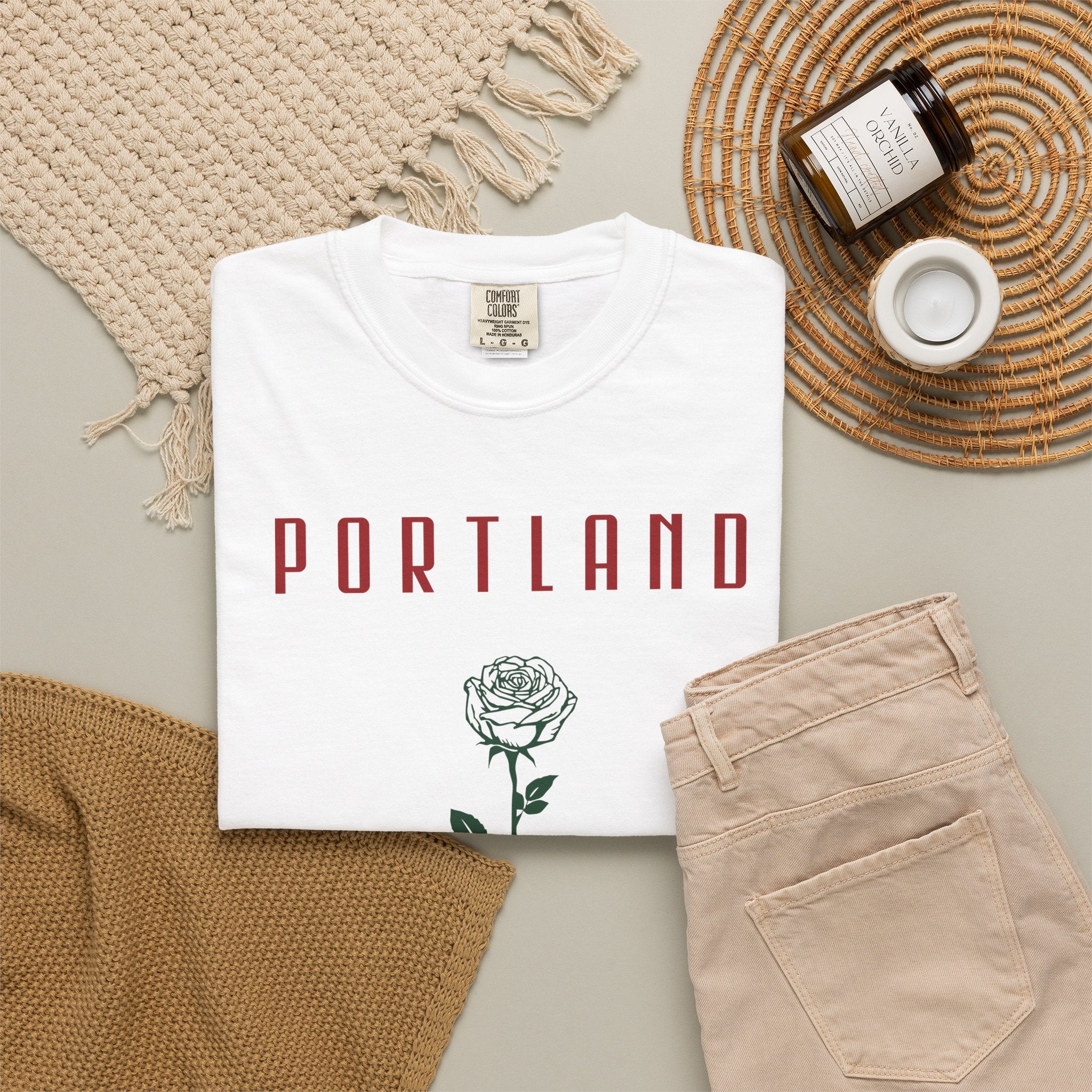 White short-sleeve t-shirt with vintage Portland rose graphic print