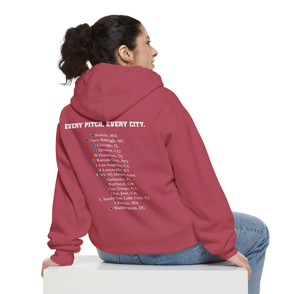 Crimson hoodie with chest logo on the front and list of cities on the back