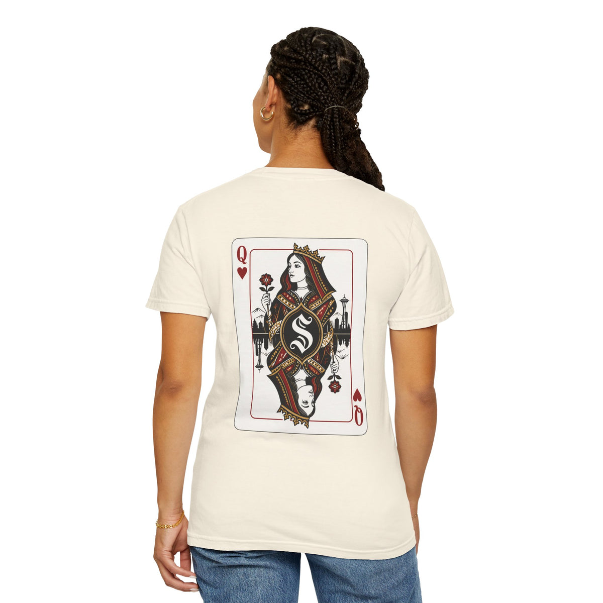 Ivory heavyweight garment-dyed t-shirt back view featuring a large custom Queen of Hearts playing card graphic with a Seattle skyline silhouette.