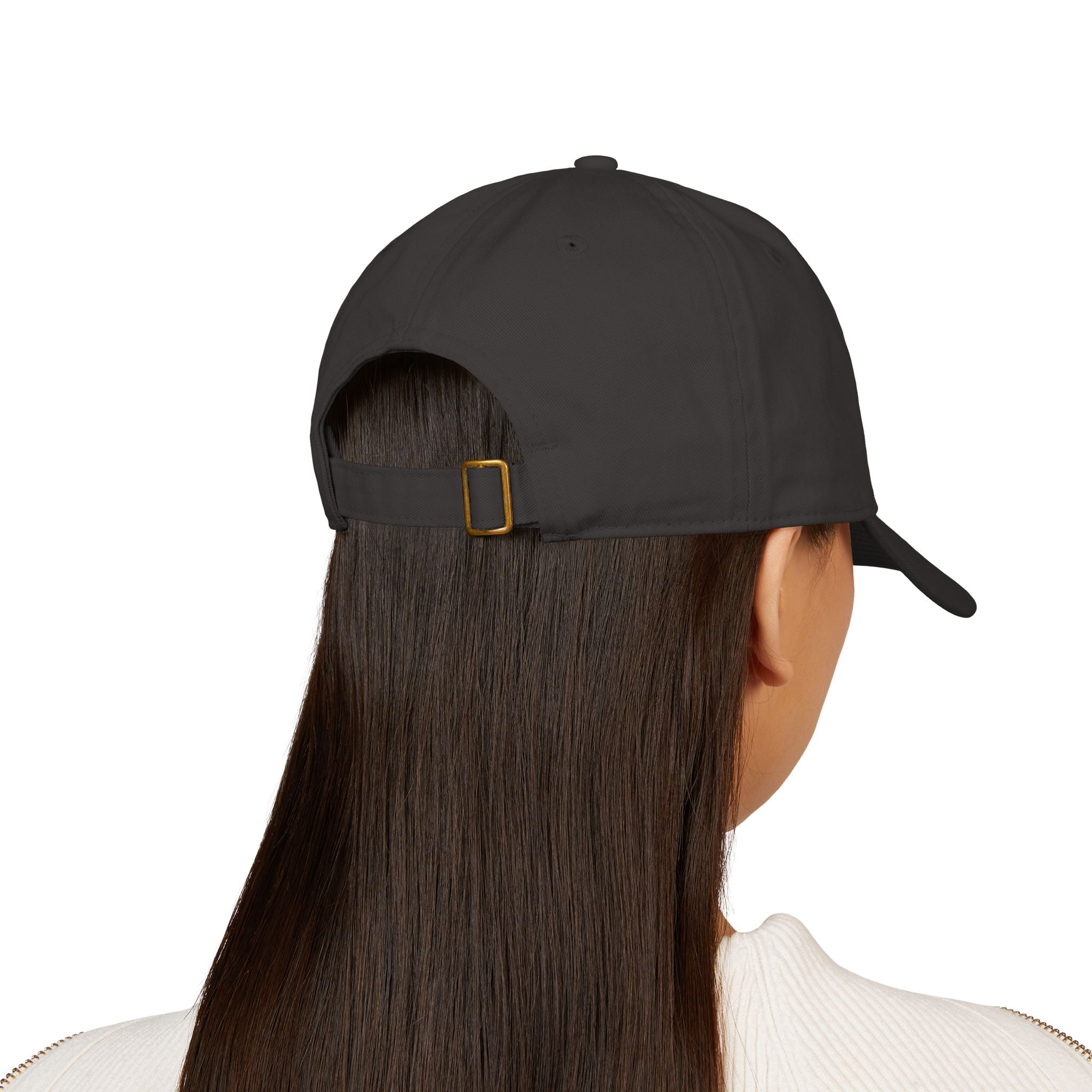 Charcoal unstructured beige baseball cap with three embroidered coffee beans across the front