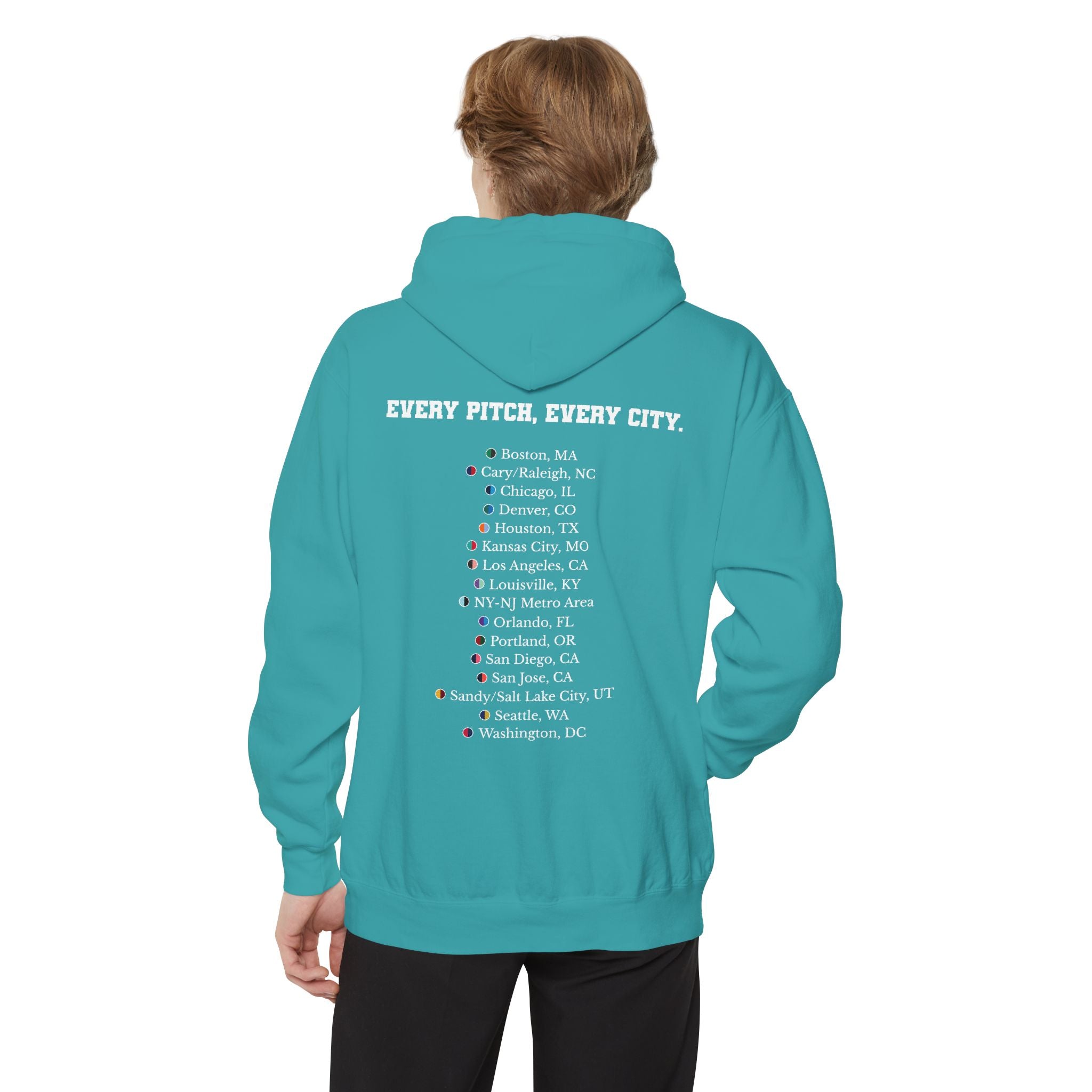 Seafoam hoodie with chest logo on the front and list of cities on the back