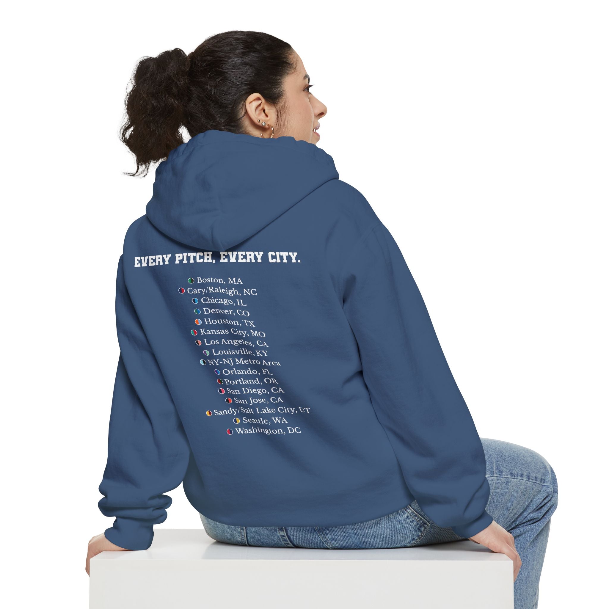 True Navy hoodie with chest logo on the front and list of cities on the back