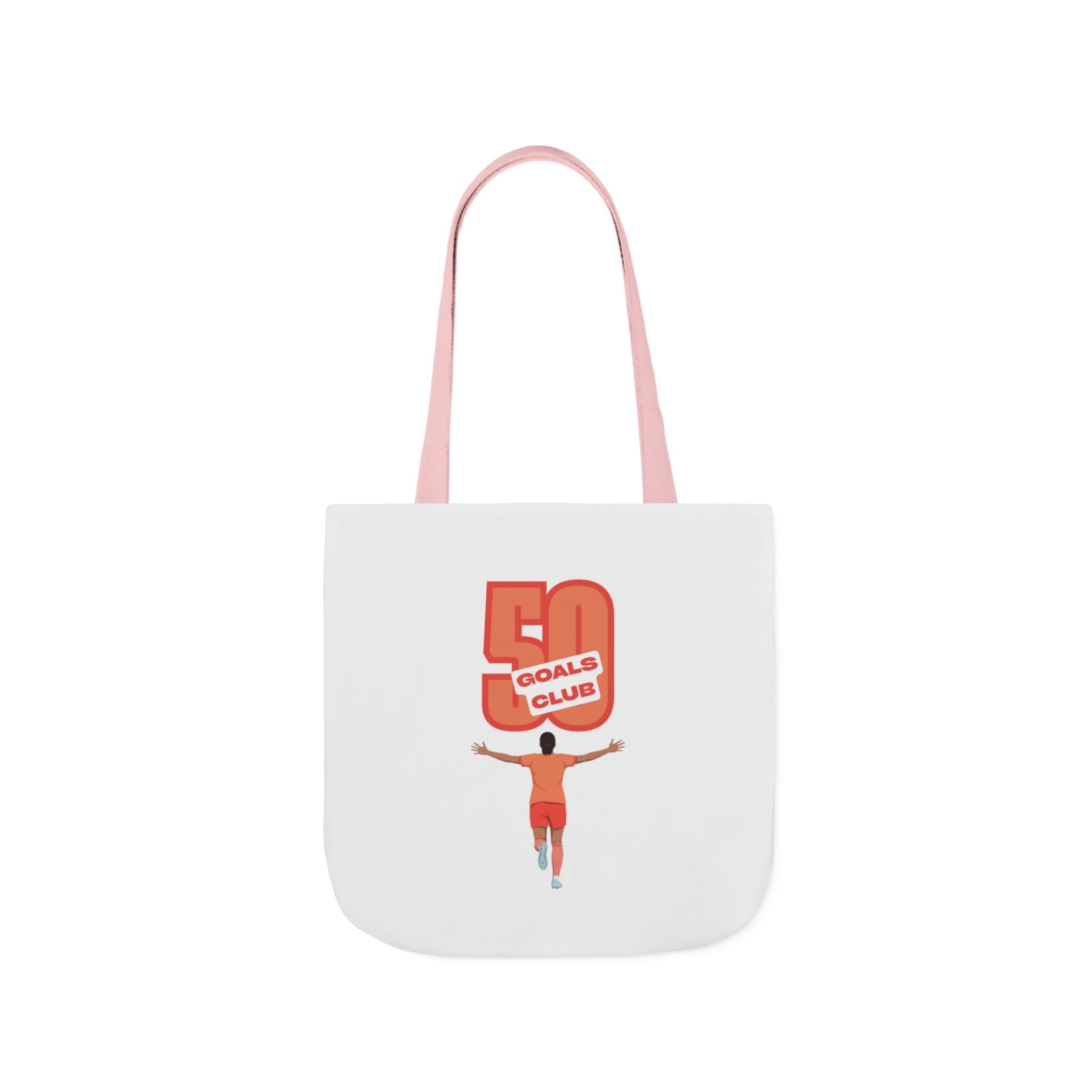 A canvas tote bag with light pink shoulder straps, featuring a graphic print of a player running underneath a '50 GOALS CLUB' graphic.
